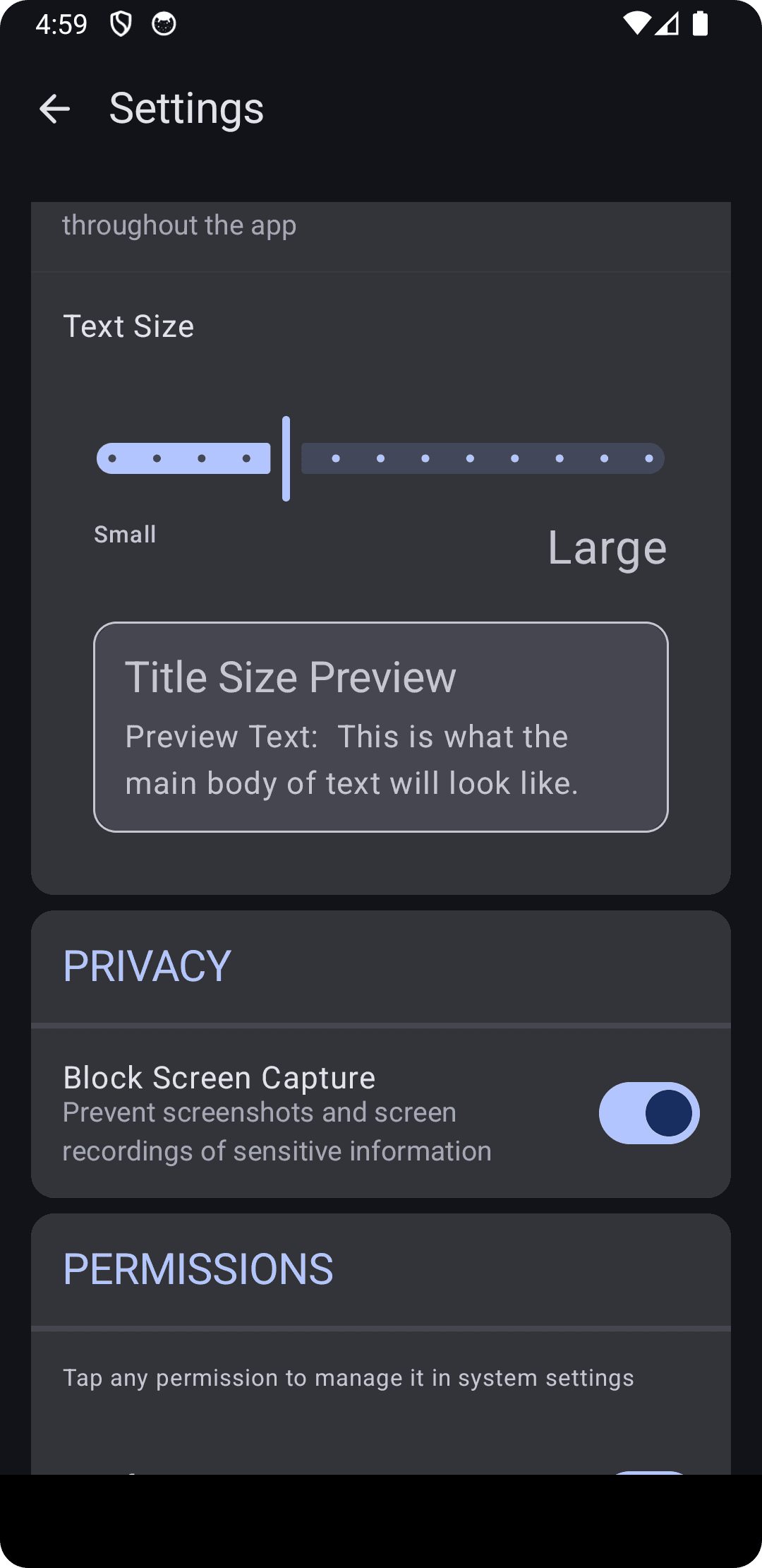 Settings – Privacy and Permissions