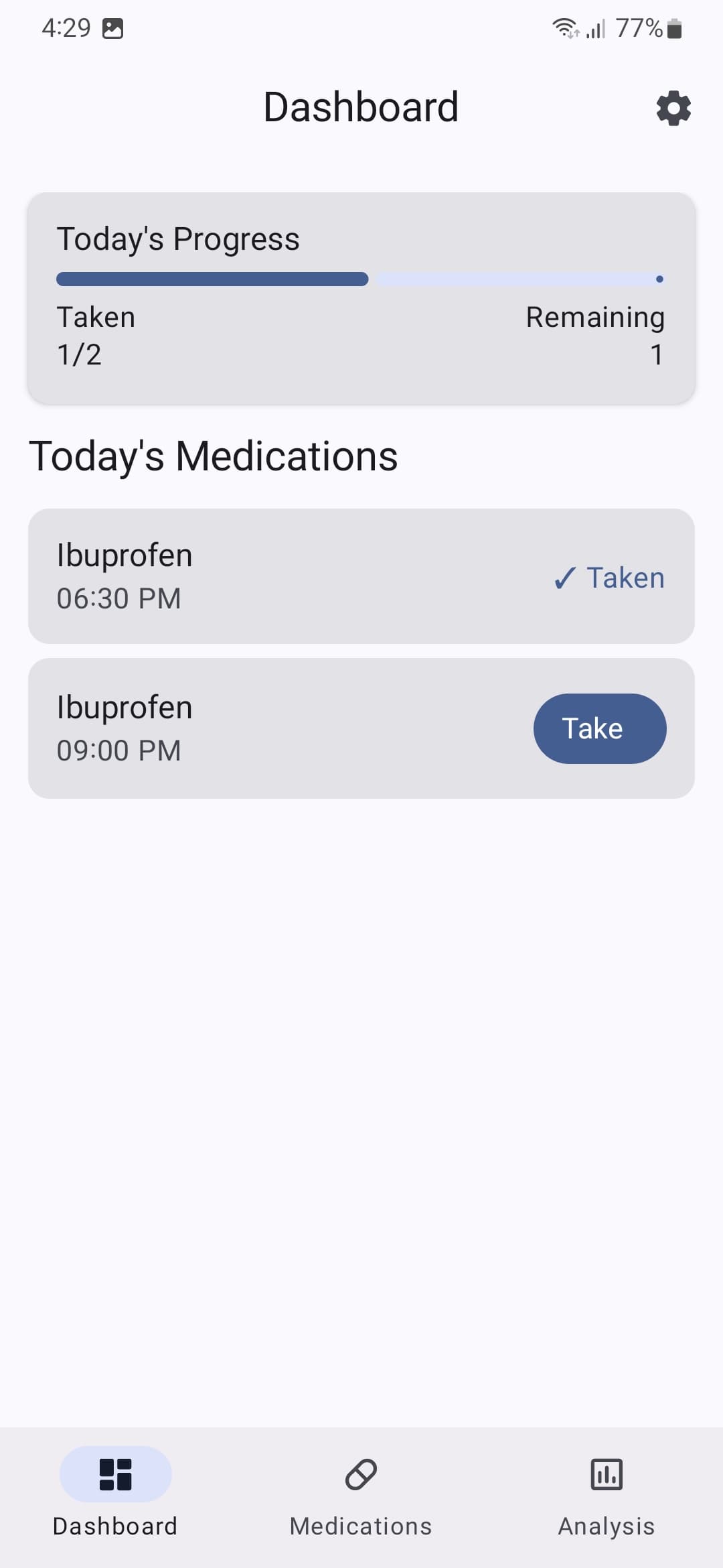 Dashboard with medication progress