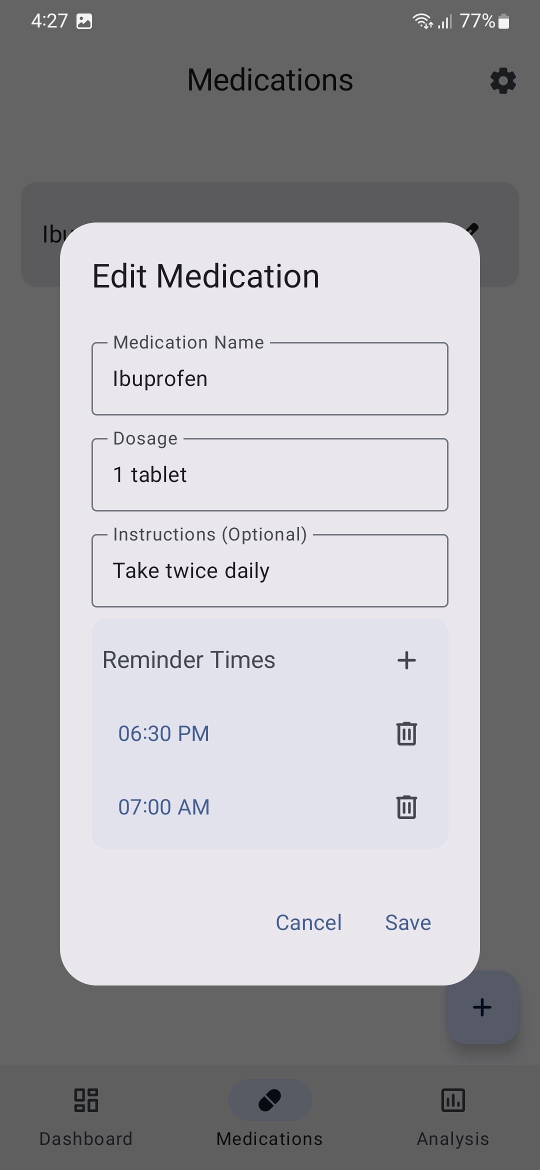 Edit medication dialog with reminder times