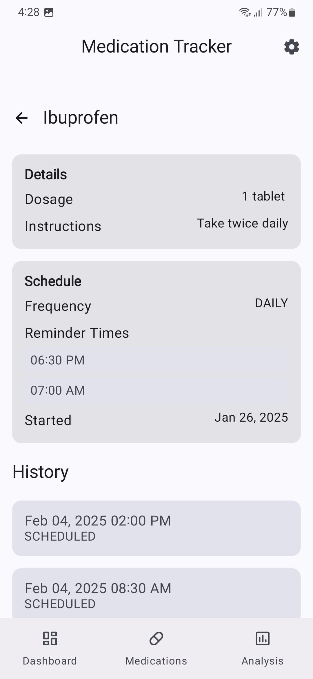 Medication details with schedule and history